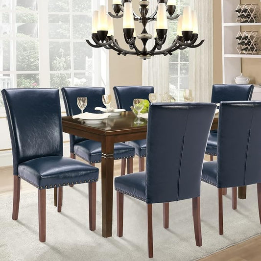 Parsons Dining Chairs Set of 2, Upholstered Nailhead PU Leather Dining Room Kitchen Side Chair with Thick Cushions and Wood Legs, Blue