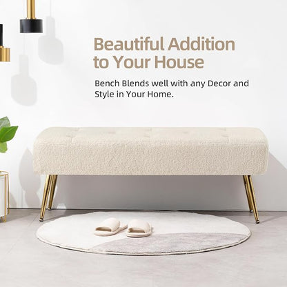 Furniliving 44 Inch Modern Ottoman Bench, Upholstered Faux Fur Fabric Entryway Benches with Gold Metal Frame for Living Room Vintage Indoor Benches End Bed Bench Footrest Ottoman (IvoryWhite)