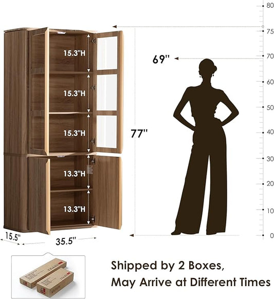 77" Tall Storage Cabinet - Fluted Pantry Cabinets with Glass Doors, Wooden Kitchen Food Cupboard, Adjustable Shelves, Modern Display Storage Closet for Living Room, Dining Room, Office, Oak 2pcs