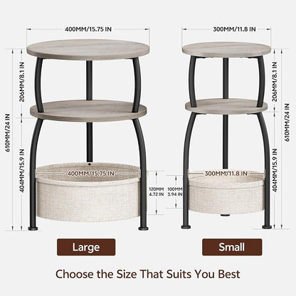 Round Side Table with Storage Basket, End Table Living Room, Greige | Round End Table, Small Bedside Table for Bedroom, 3 Tiers, Sofa Couch Side Table, Linen Storage, Greige 15.75in