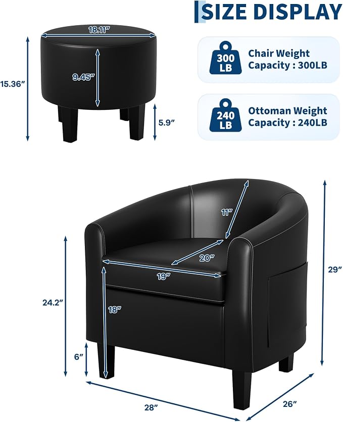 GarveeHome Chair and Ottoman Set, PU Leather Barrel Chair, Small Chair for Bedroom, Comfy Armchair with Footrest for Office & Study, Black