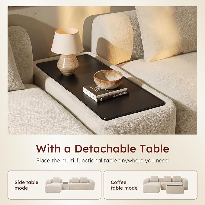 Relefree Curved Sectional Sofa, 136" Chenille Curved Couch with Movable Coffee Table, Couches with High-Resilience Foam, Boneless Sofa for Living Room, Oversized, Cloud Comfort, Thick Backrest White