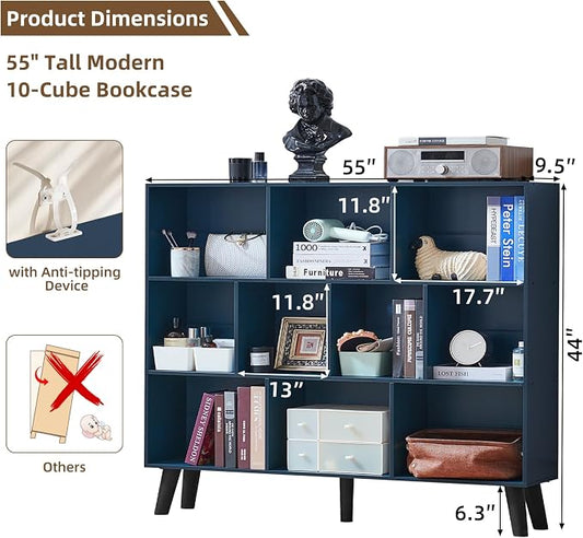 LEYAOYAO 10 Cube Bookshelf, 3 Tier Vintage 55" Wide Bookcase with Legs, Mid-Century Wood Bookshelves Storage, Dark Blue Large Book Case, Freestanding Organizer Display Shelf for Living Room, Office
