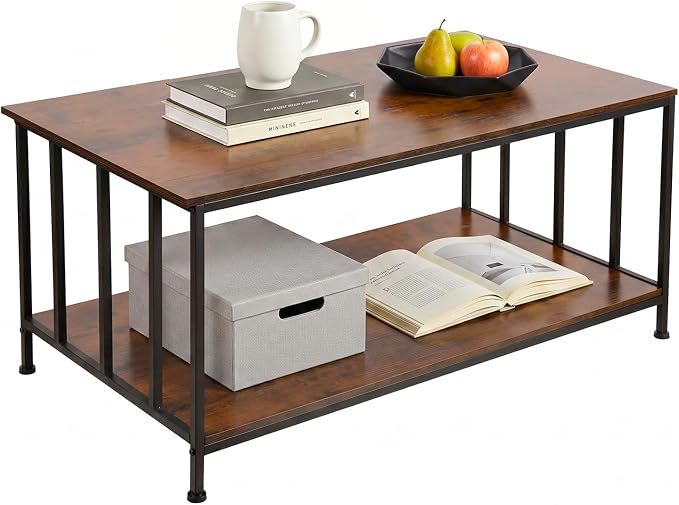 SENIG 2-Tier Coffee Table 39.4" with Slatted Sides Frame, Brown Oak | Industrial Wood and Metal Center Table for Home Office Kitchen 39.4" L x 21.7" W