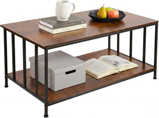 SENIG 2-Tier Coffee Table 39.4" with Slatted Sides Frame, Brown Oak | Industrial Wood and Metal Center Table for Home Office Kitchen 39.4" L x 21.7" W
