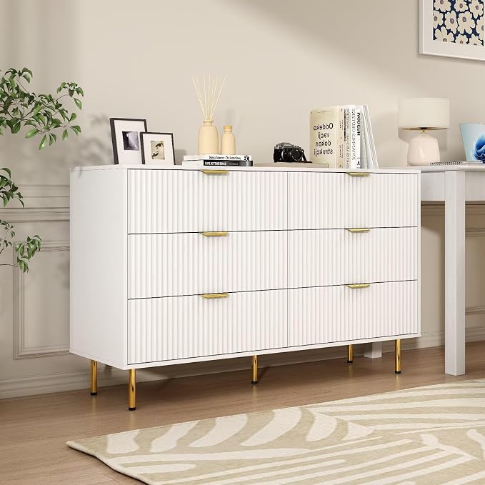 White Fluted 6 Drawers Dresser for Bedroom with Gold Handle, 56" Wide Modern Wooden Chest of Drawers, Bedrooms Tv Stand Storage Organizer Dressers for Living Room Closet