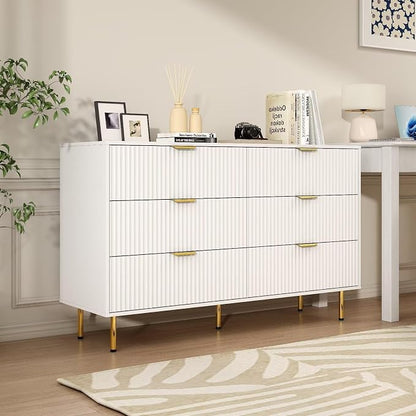 White Fluted 6 Drawers Dresser for Bedroom with Gold Handle, 56" Wide Modern Wooden Chest of Drawers, Bedrooms Tv Stand Storage Organizer Dressers for Living Room Closet