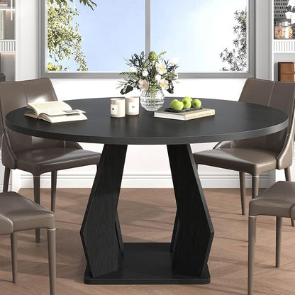 IBF Black Round Dining Table for 4-6, 47 Inch Kitchen Table with Spacious Tabletop Modern Circle Dining Table, Wood Dinner Table Pedestal Base for Dining Room, Kitchen,Living Room,Office