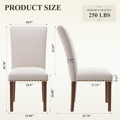 COLAMY Upholstered Parsons Dining Chairs Set of 2, Fabric Dining Room Kitchen Side Chair with Nailhead Trim and Wood Legs - Beige