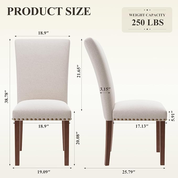 MALOL High Back Dining Chairs Set of 2, Upholstered Dining Room Chair with Wood Legs and Nailhead Trim, Modern Padded Kitchen Chairs for Dining Room/Restaurant, Beige
