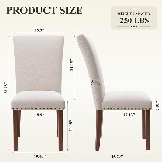 MALOL High Back Dining Chairs Set of 2, Upholstered Dining Room Chair with Wood Legs and Nailhead Trim, Modern Padded Kitchen Chairs for Dining Room/Restaurant, Beige