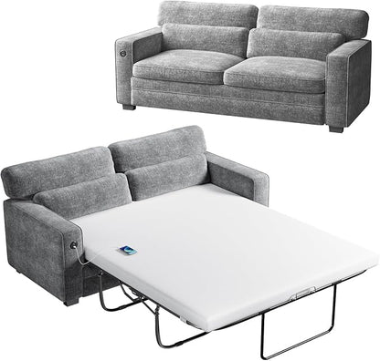 Marsail 63" Pull Out Sofa Bed, Full Size Sleeper Sofa with Memory Foam Mattress, 2 USB Charging Ports & Removable Covers, Chenille Loveseat Couch for Living Room, Apartment, Light Grey