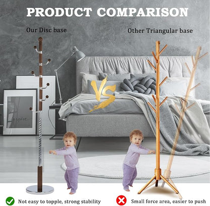 Coat Racks FreeStanding with 11 Hooks, Natural Wood Coat Rack with Solid Round Base, Adjustable Height Coat Racks, Easy Assembly for Hallway, Bedroom and Office (Walnut Metal)