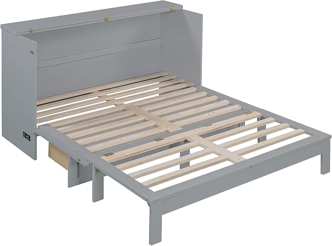 Ball & Cast Murphy Bed Queen Size Bedroom Folding Wall Cabinets Frame with Large Drawer and USB Ports,Hideaway Bed w/Tri-Fold Mattress Design,for Guest Room,Study,Office,Gray