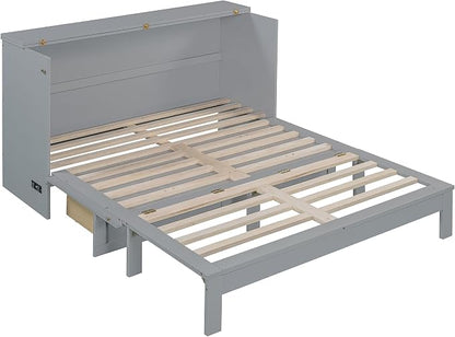 Ball & Cast Murphy Bed Queen Size Bedroom Folding Wall Cabinets Frame with Large Drawer and USB Ports,Hideaway Bed w/Tri-Fold Mattress Design,for Guest Room,Study,Office,Gray