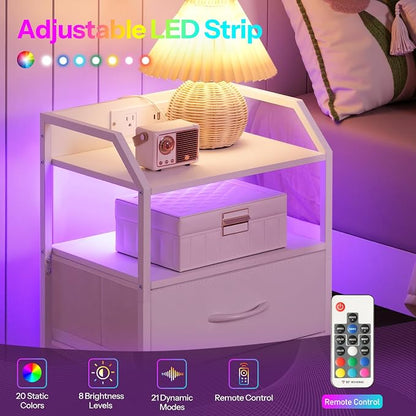 HOOBRO White Nightstand with Charging Station, End Table with 1 AC Outlet, 1 USB Port, and 1 Type-C Port, Bedside Table with LED Light Strip and 3 Non-Woven Drawers, for Bedroom, White WT013UDBZ01