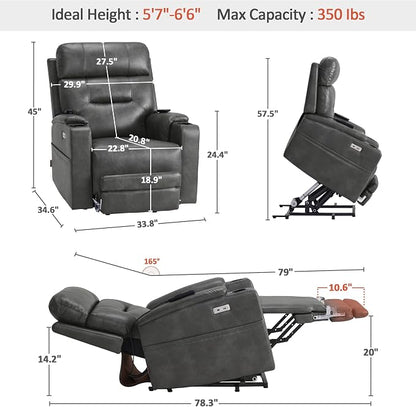 MCombo Lift Chair for Tall Man 6‘6’’, Dual Motor Power Lift Recliner Chair for Elderly, Lay Flat for Sleeping, Heat and Massage, USB & Type C, Faux Leather 7755 (Grey)