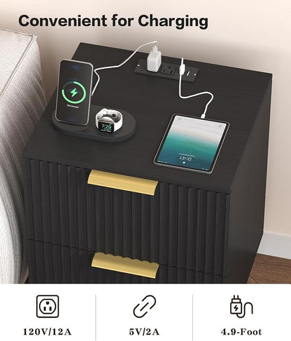 Akxomel Black Nightstand Set of 2, Fluted Night Stand with Charging Station, 13.8" D x 15" W x 23.2" H, 2 Drawers Modern Bedside Table with USB Ports and Outlets, Golden Side Table for Bedroom