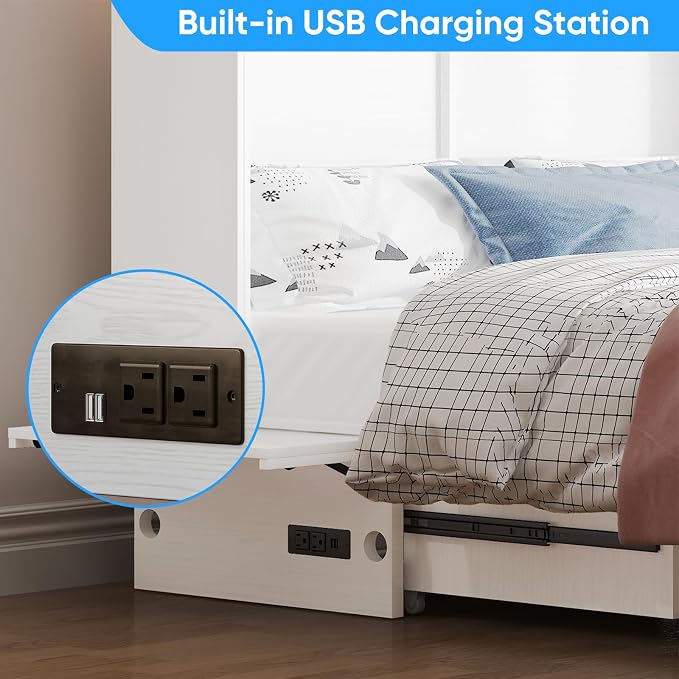 PUREMIND Queen Murphy Bed, Solid Wood Multi-Functional Cabinet Bed with Storage Drawer, USB Charging Ports and Folding Tray, Space Saving Hideaway Murphy Beds Cabinet for Guest Room, No Mattress