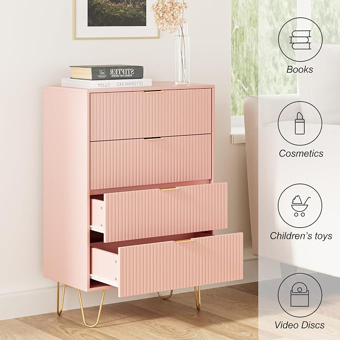 Masupu 4 Drawer Dresser, Drawer Chest, Tall Storage Dresser Chest Cabinet Organizer Unit with Gold Metal Legs, Nightstand for Bedroom, Living Room, Closet, Hallway Pink Stripe