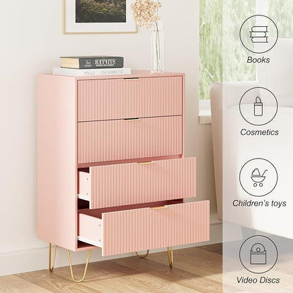 Masupu 4 Drawer Dresser, Drawer Chest, Tall Storage Dresser Chest Cabinet Organizer Unit with Gold Metal Legs, Nightstand for Bedroom, Living Room, Closet, Hallway Pink Stripe