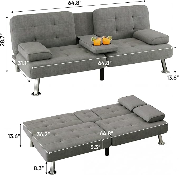 Flamaker Futon Sofa Bed Modern Folding Futon Set Linen Fabric Convertible Recliner Lounge for Living Room with 2 Cup Holders, Removable Armrests (Fabric, Grey)