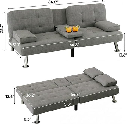 Flamaker Futon Sofa Bed Modern Folding Futon Set Linen Fabric Convertible Recliner Lounge for Living Room with 2 Cup Holders, Removable Armrests (Fabric, Grey)