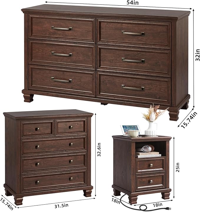 SAVOR LIFE Farmhouse Dresser and Nightstand Sets of 3, 6/5 Drawer Dresser & 2 Drawer Nightstand, Rustic Brown Bedroom Furniture Set for Home, Bedroom, Hallway, Walnut