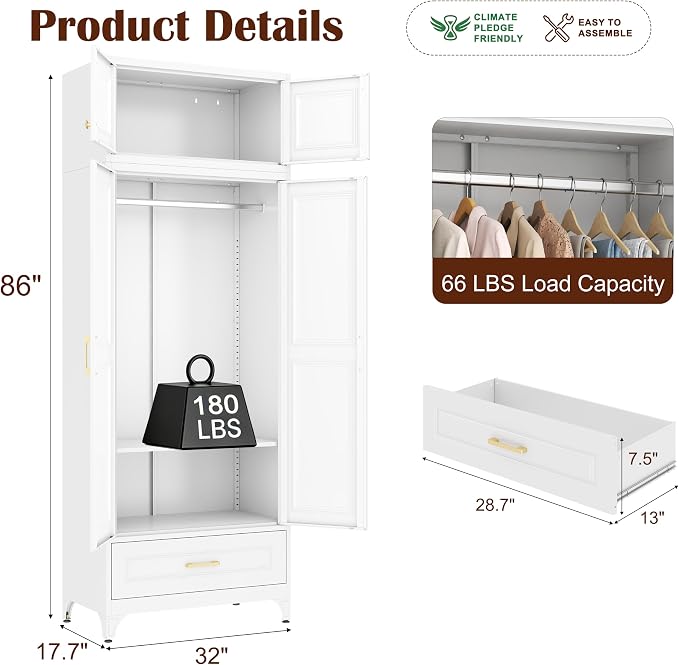 SteeLoong 86" Metal Armoire Wardrobe Closet with Drawer,Tall Clothing Storage Cabinet with Adjustable Shelves and Hanging Rod,White Wardrobe Closet for Bedroom,Home,Bathroom,Gym