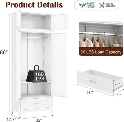 SteeLoong 86" Metal Armoire Wardrobe Closet with Drawer,Tall Clothing Storage Cabinet with Adjustable Shelves and Hanging Rod,White Wardrobe Closet for Bedroom,Home,Bathroom,Gym
