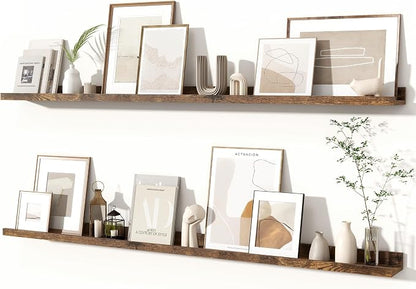 Fun Memories Picture Ledge Shelves Set of 2, 55 Inch Rustic Wall Mounted Floating Shelves with Lip for Home Storage and Décor in Bathroom, Kitchen, Nursery, Bedroom, Living Room, Brown