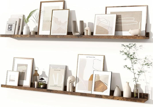 Fun Memories Picture Ledge Shelves Set of 2, 55 Inch Rustic Wall Mounted Floating Shelves with Lip for Home Storage and Décor in Bathroom, Kitchen, Nursery, Bedroom, Living Room, Brown