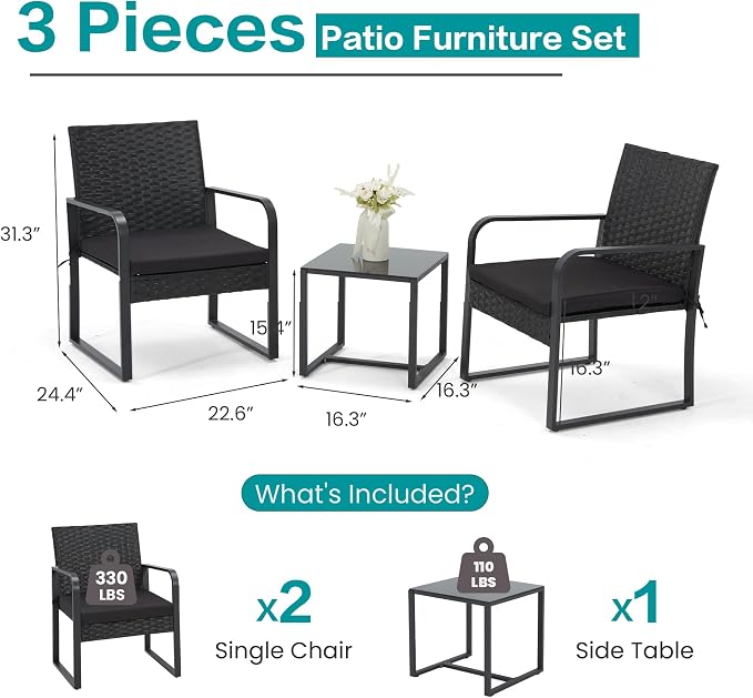 Bezseller 3 Piece Outdoor Patio Furniture Set, Patio Bistro Set Wicker Conversation Set, Modern Rattan Chair with Glass Coffee Table for Backyard, Porches, Poolside, Lawn and Balcony