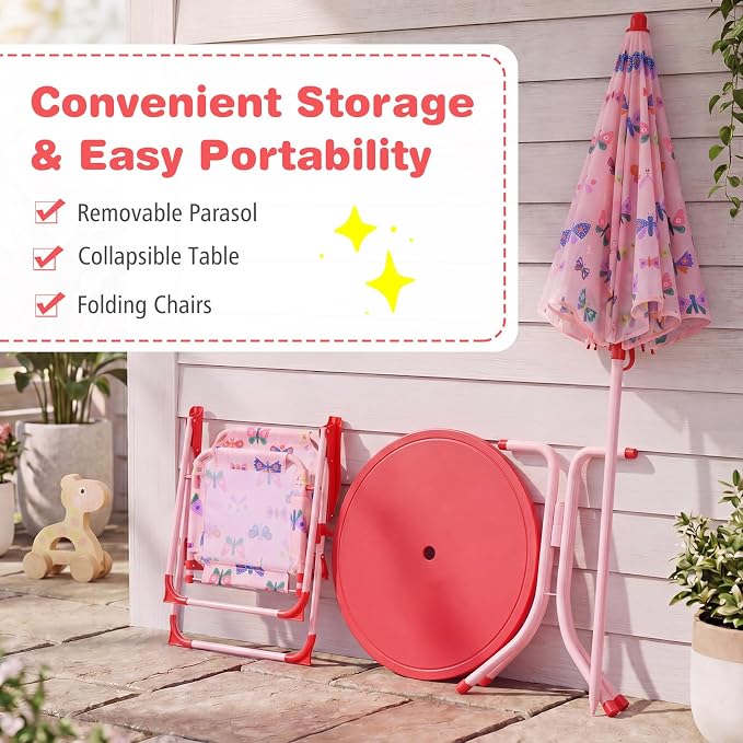 Costzon Kids Picnic Table, Kids Outdoor Table with 2 Folding Chairs, Height Adjustable Umbrella, Portable Children Outdoor Furniture for Patio, Garden, Backyard (Pink Butterfly)
