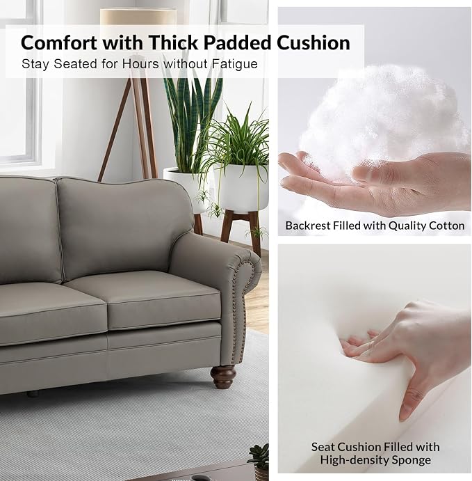 81" Genuine Leather Sofa, Classic 3-Seater Couchs with Wood Legs, Stylish & Comfortable Sofa for Living Room or Office, Easy Assembly and Maintain & Long-Lasting, Grey