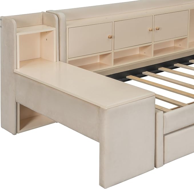 Bellemave Twin Corner Bed with Storage Shelves and Desk, Upholstered Daybed with Bookcase and Drawers，Daybed with Storage, Beige