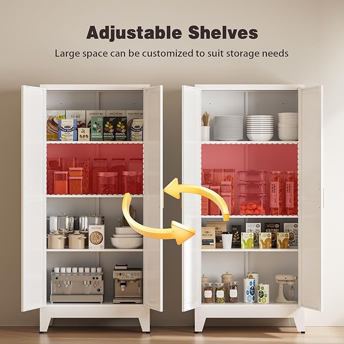 61" Tall Metal Pantry Cabinet, Kitchen Storage Cabinet with 2 Doors and 3 Adjustable Shelves for Kitchen, Living Room, Dining Room, Bathroom and Home, Office (White, 1PC)
