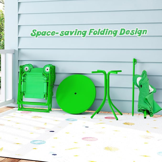 HONEY JOY Kids Picnic Table, Animal Themed Toddler Outdoor Table and Chair Set, 2 Folding Chairs & Removable Umbrella, Children Outdoor Furniture for Backyard Patio Garden (Green Frog)