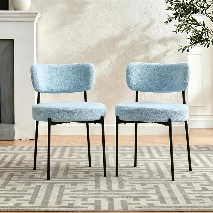 Boucle Dining Chairs Set of 2, Blue Mid Century Modern Kitchen Dining Room Chairs with Curved Backrest and Metal Frame, Round Upholstered Dining Chairs for Kitchen, Living Room