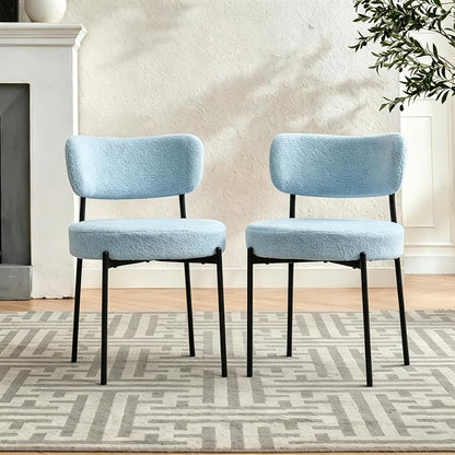 Boucle Dining Chairs Set of 2, Blue Mid Century Modern Kitchen Dining Room Chairs with Curved Backrest and Metal Frame, Round Upholstered Dining Chairs for Kitchen, Living Room