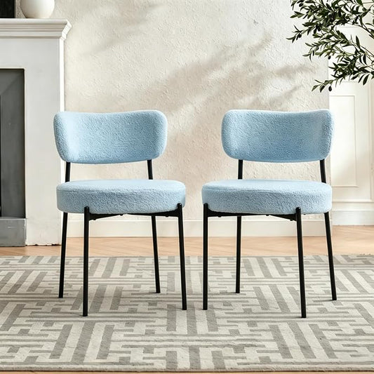 Boucle Dining Chairs Set of 2, Blue Mid Century Modern Kitchen Dining Room Chairs with Curved Backrest and Metal Frame, Round Upholstered Dining Chairs for Kitchen, Living Room