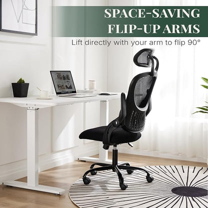 Ergonomic Office Chair, Comfy Desk Chair with Wheels, Adjustable Headrests, Flip-Up Armrests, Breathable Mesh High-Back, Comfortable Swivel Seating for Home Computer, Black
