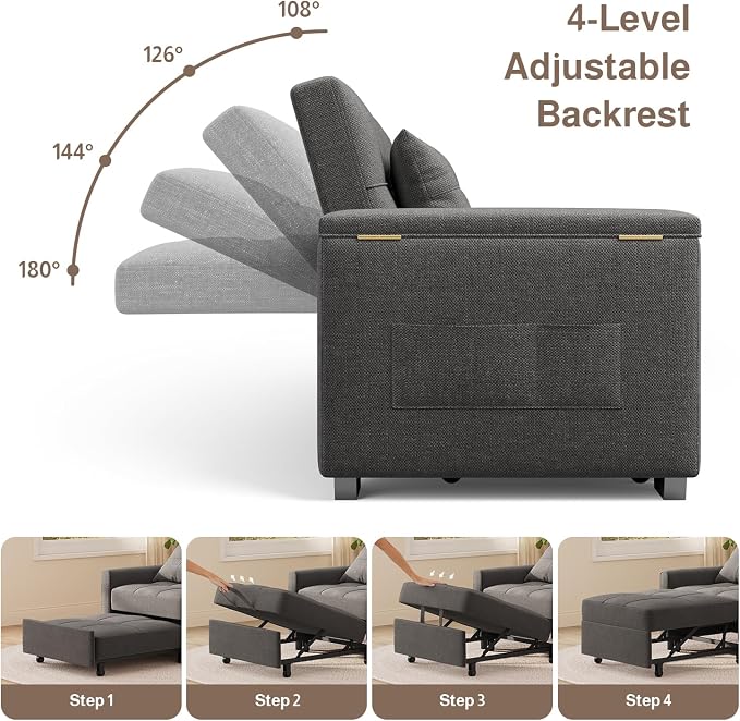 Ahomly 87" Convertible Sofa Bed – Space-Saving Sleeper with Pull-Out Design, Adjustable Backrest, Wide Armrests with Storage, Plush Cushions, Cozy for Small Spaces (Dark Grey)