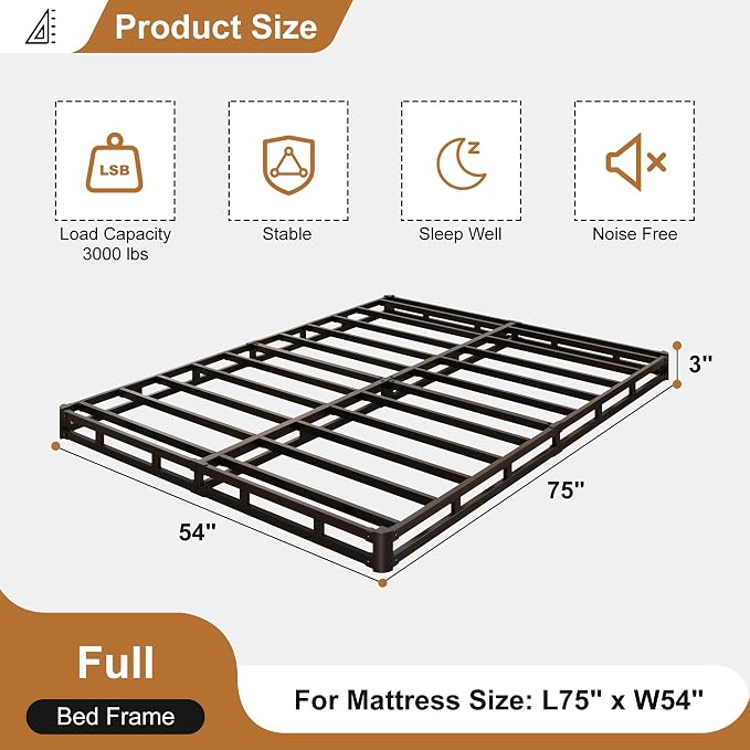Lutown-Teen 3 Inch Full Size Box Spring Low Profile, Heavy Duty Metal Box Spring Full Bed Base with Fabric Cover, Mattress Foundation, Noise Free, Easy Assembly