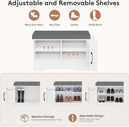 GRUSIGN 27.8" Shoe Storage Bench with Cushion, Entryway Shoe Cabinet, White | 3-in-1 Shoe Storage Bench, Adjustable Shelves, Removable Cushion, 300 lbs Capacity, Entryway, Apartment, Families