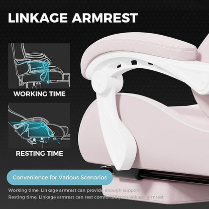 GTPLAYER Gaming Chair with Footrest, Computer Chair with and Lumbar Support, Height Adjustable Game Chair with 360°-Swivel Seat and Headrest and for Office or Gaming (Pink-Fabric)
