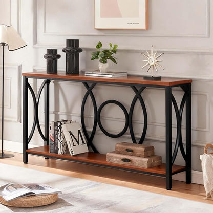 HOMISSUE Sofa Console Table, Rustic Console Table with Faux Marbled Tabletop, Engineered Wood Entryway Tables with 2 Tier Storage, Narrow Sofa Table for Living Room, Hallway (55 Inch, Rustic Brown)