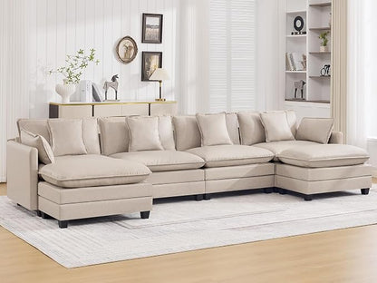 147'' Sectional Cloud Deep Seat Couch, Oversized Leather U Shaped Sectional Sofa for Living Room Set, Comfy Upholstered Modular Sectional Sofa Couch with Movable Ottoman, Leather Beige