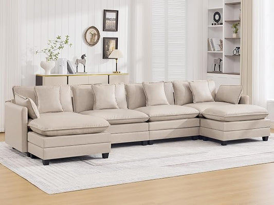 147'' Sectional Cloud Deep Seat Couch, Oversized Leather U Shaped Sectional Sofa for Living Room Set, Comfy Upholstered Modular Sectional Sofa Couch with Movable Ottoman, Leather Beige