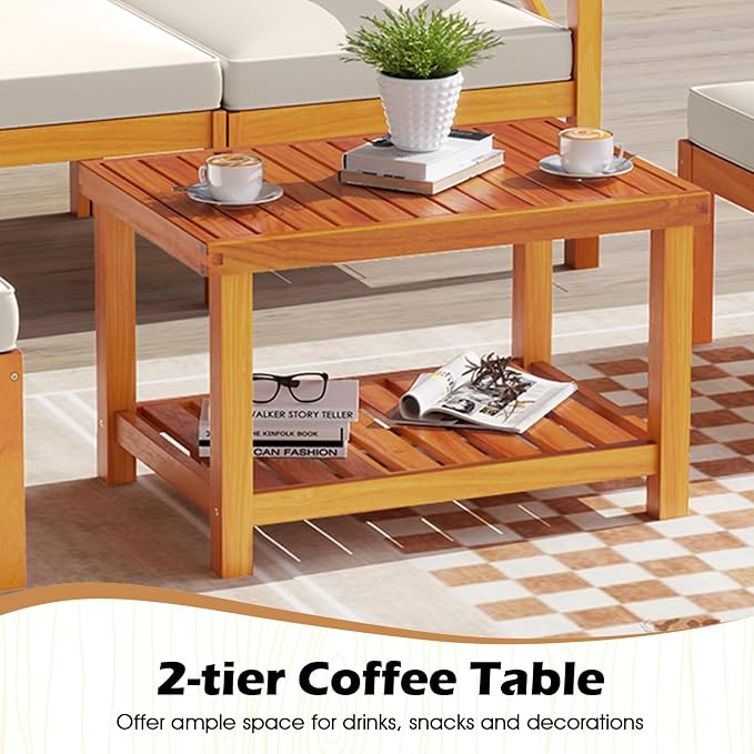 Tangkula 5 Pieces Acacia Wood Patio Chaise Lounge Chair Set with Ottomans and Cushions, Outdoor Patio Chairs Set with 2-Tier Coffee Table, Outdoor Conversation Set for Garden, Backyard and Poolside